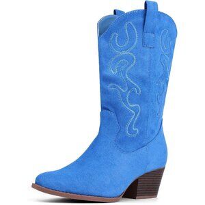 Women Light-blue Suede Mid Calf Chunky Block Heel Western Embroidered Boot